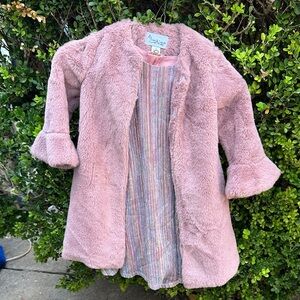 Pippa & Julie Pink Faux Fur Coat with Striped Dress
